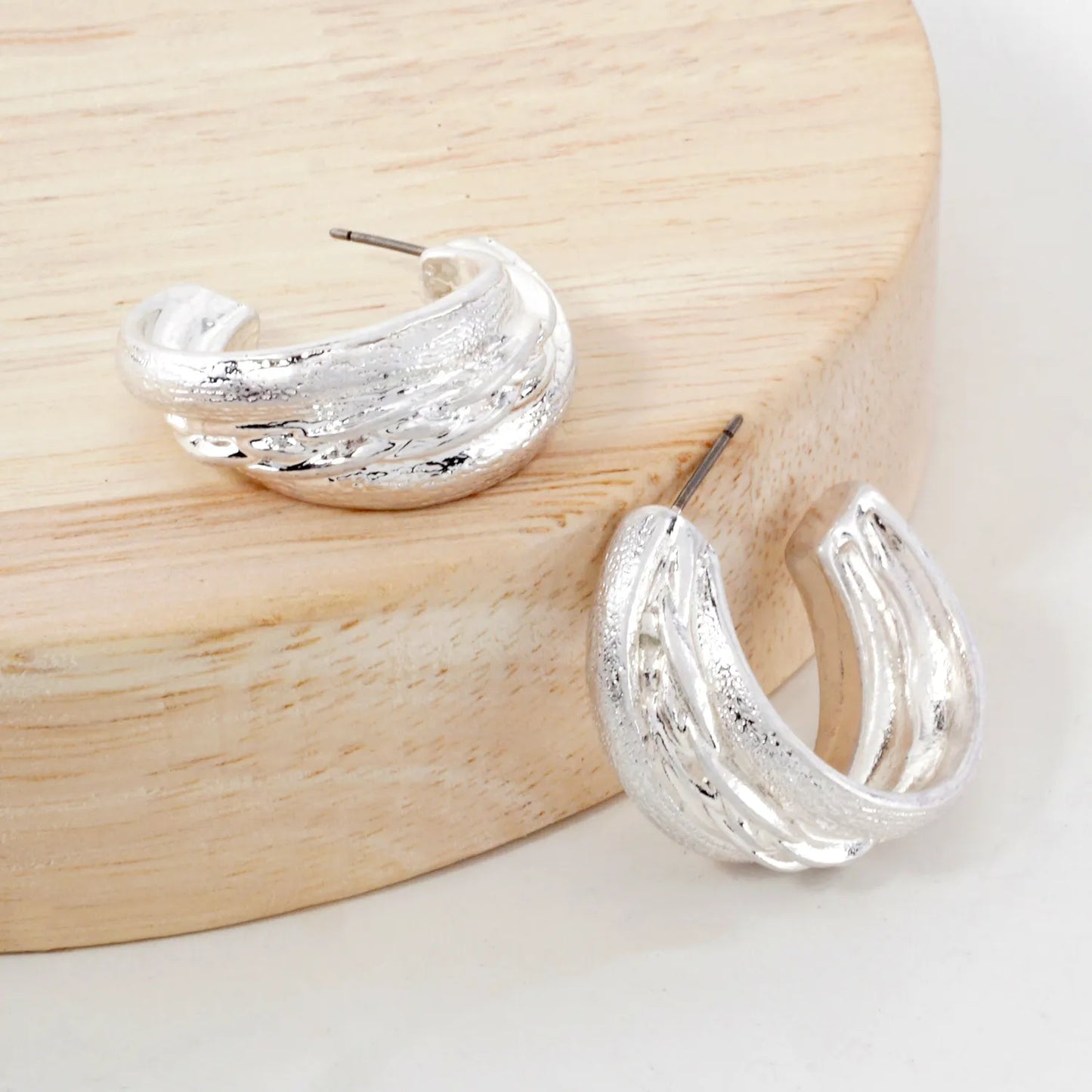 Textured Metal 30mm Push-Back Hoop Earrings With-Titanium-Post
