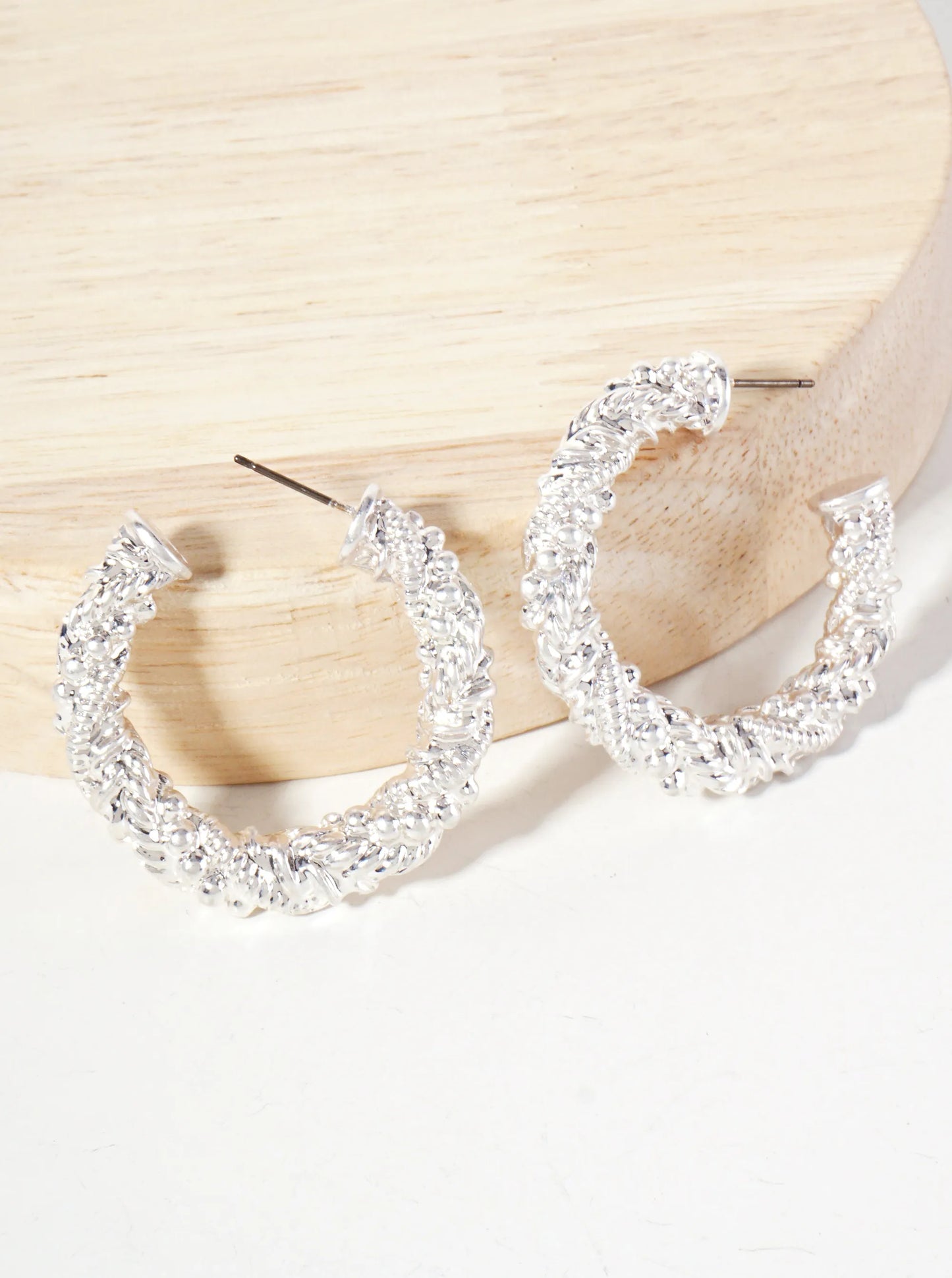 Textured Metal 35mm Open Hoop Earrings With-Titanium-Post