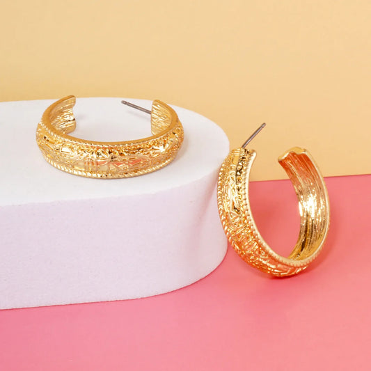 Textured Metal 7mm Wide 30mm Push-Back Hoop Earrings With-Titanium-Post