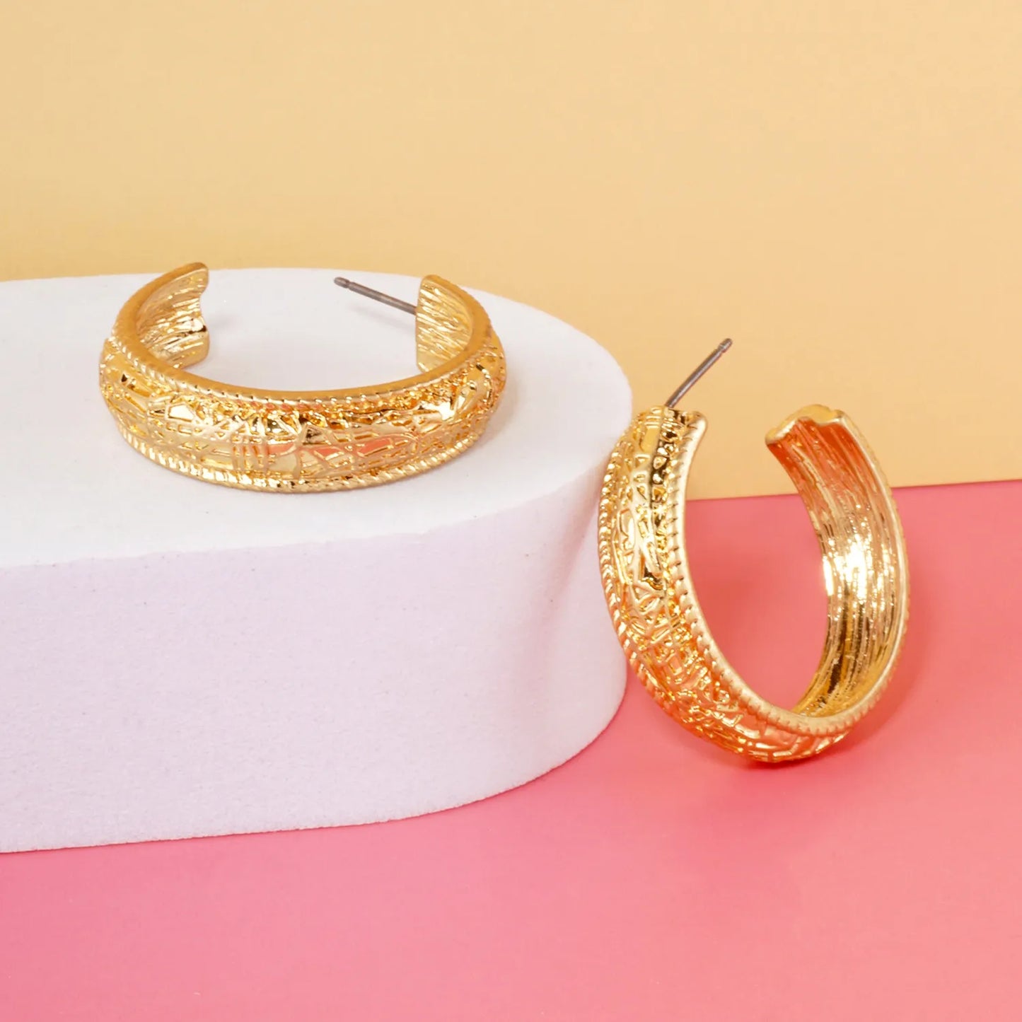 Textured Metal 7mm Wide 30mm Push-Back Hoop Earrings With-Titanium-Post