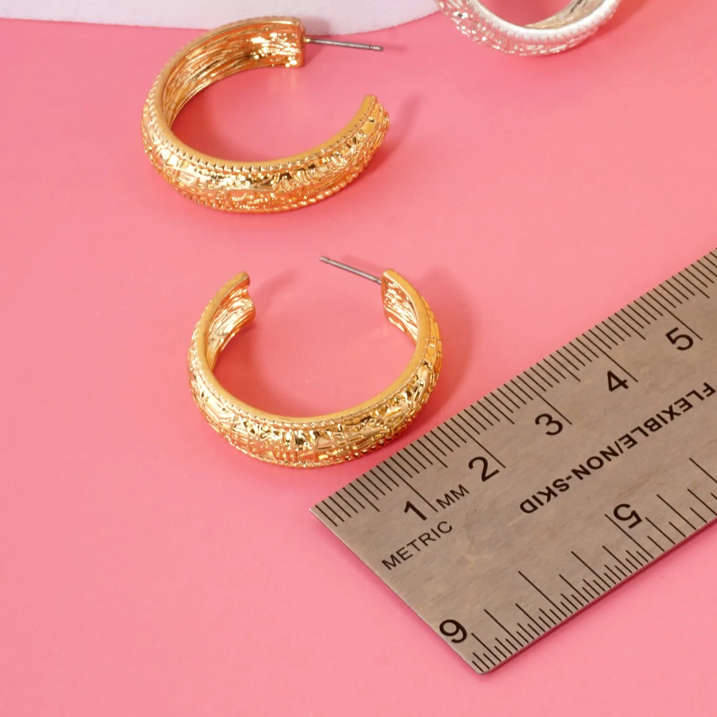 Textured Metal 7mm Wide 30mm Push-Back Hoop Earrings With-Titanium-Post