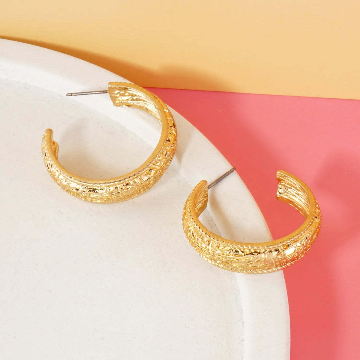 Textured Metal 7mm Wide 30mm Push-Back Hoop Earrings With-Titanium-Post