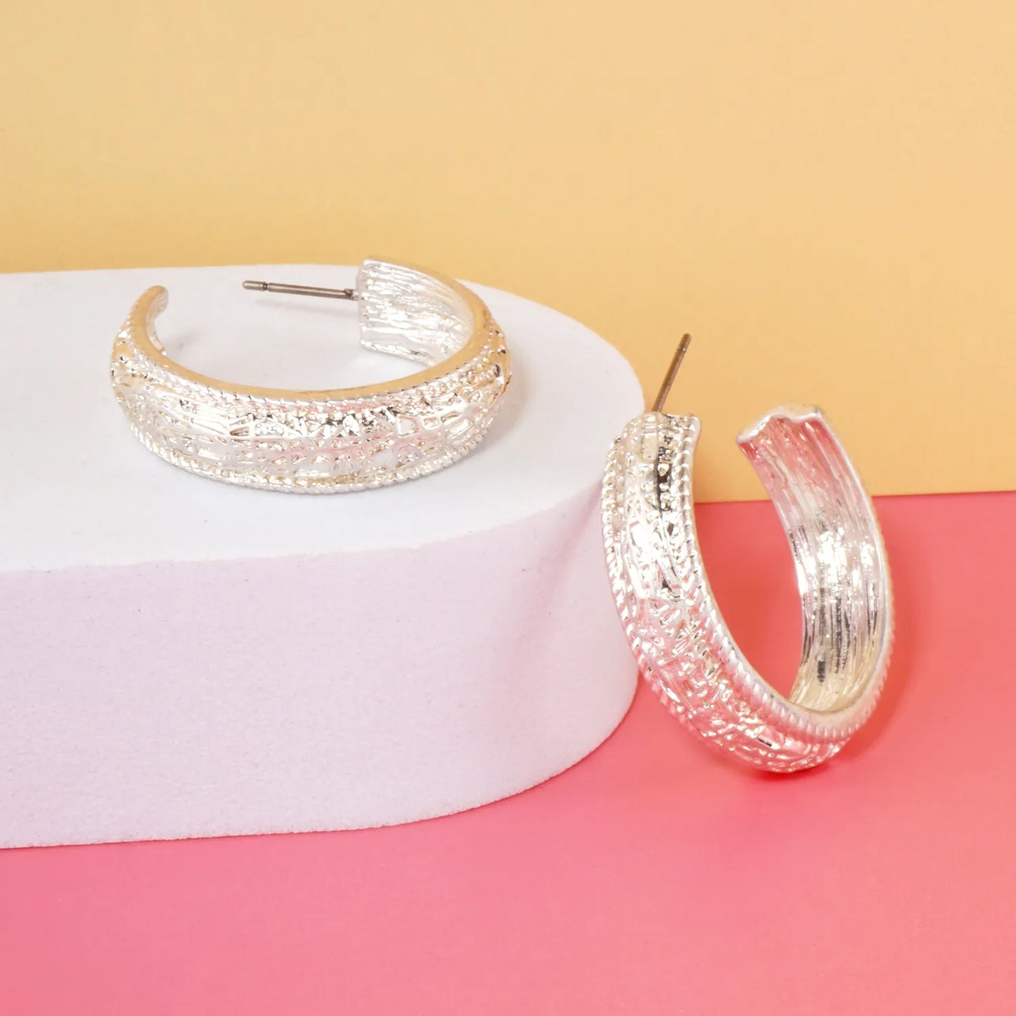 Textured Metal 7mm Wide 30mm Push-Back Hoop Earrings With-Titanium-Post