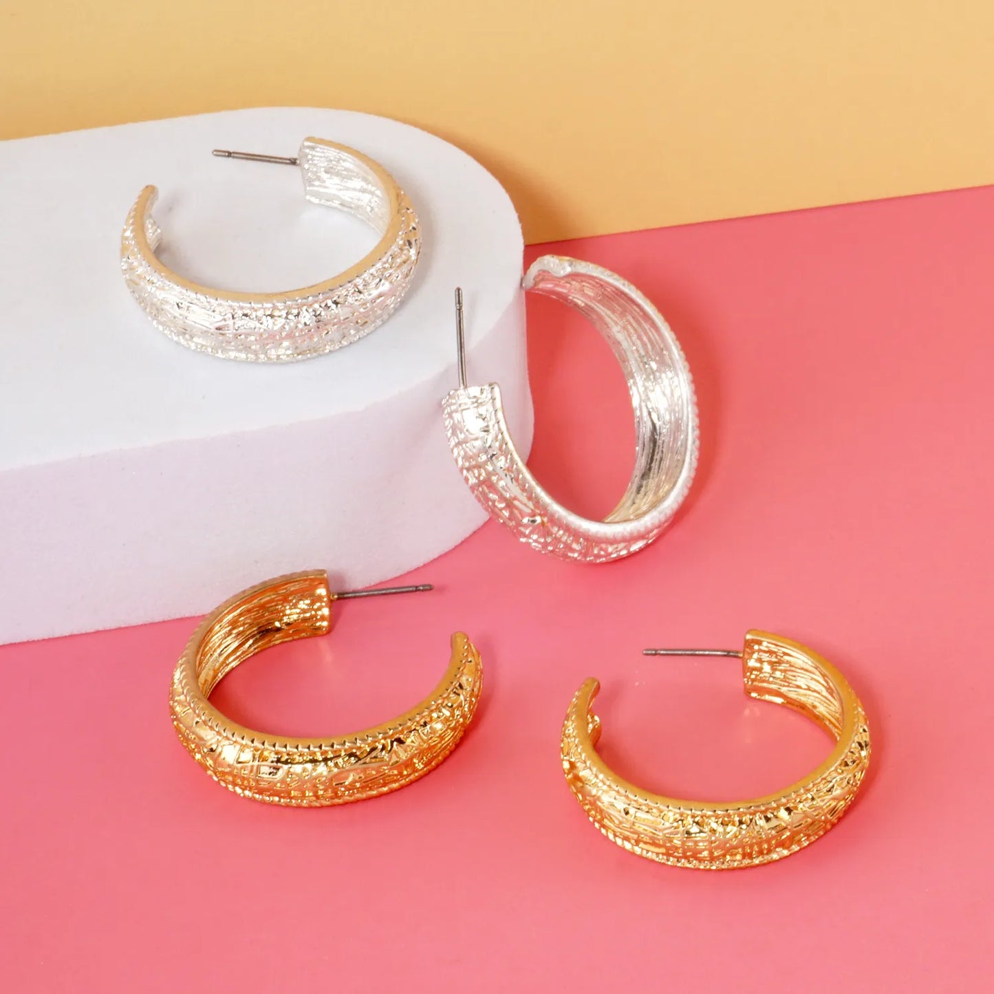 Textured Metal 7mm Wide 30mm Push-Back Hoop Earrings With-Titanium-Post