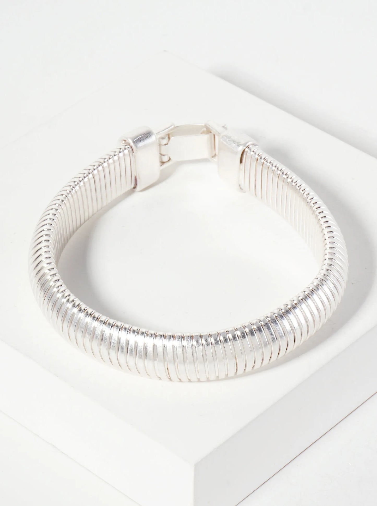 Textured Metal Adjustable Fold Clasp Stretch Bangle Bracelet