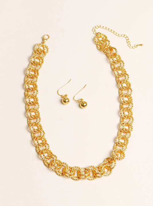 Textured Metal Chino Link Chain 16 Inch Necklace With Earrings Set