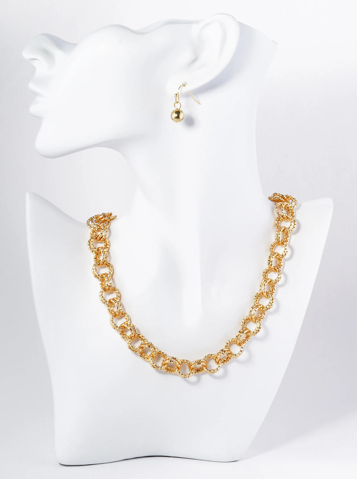 Textured Metal Chino Link Chain 16 Inch Necklace With Earrings Set