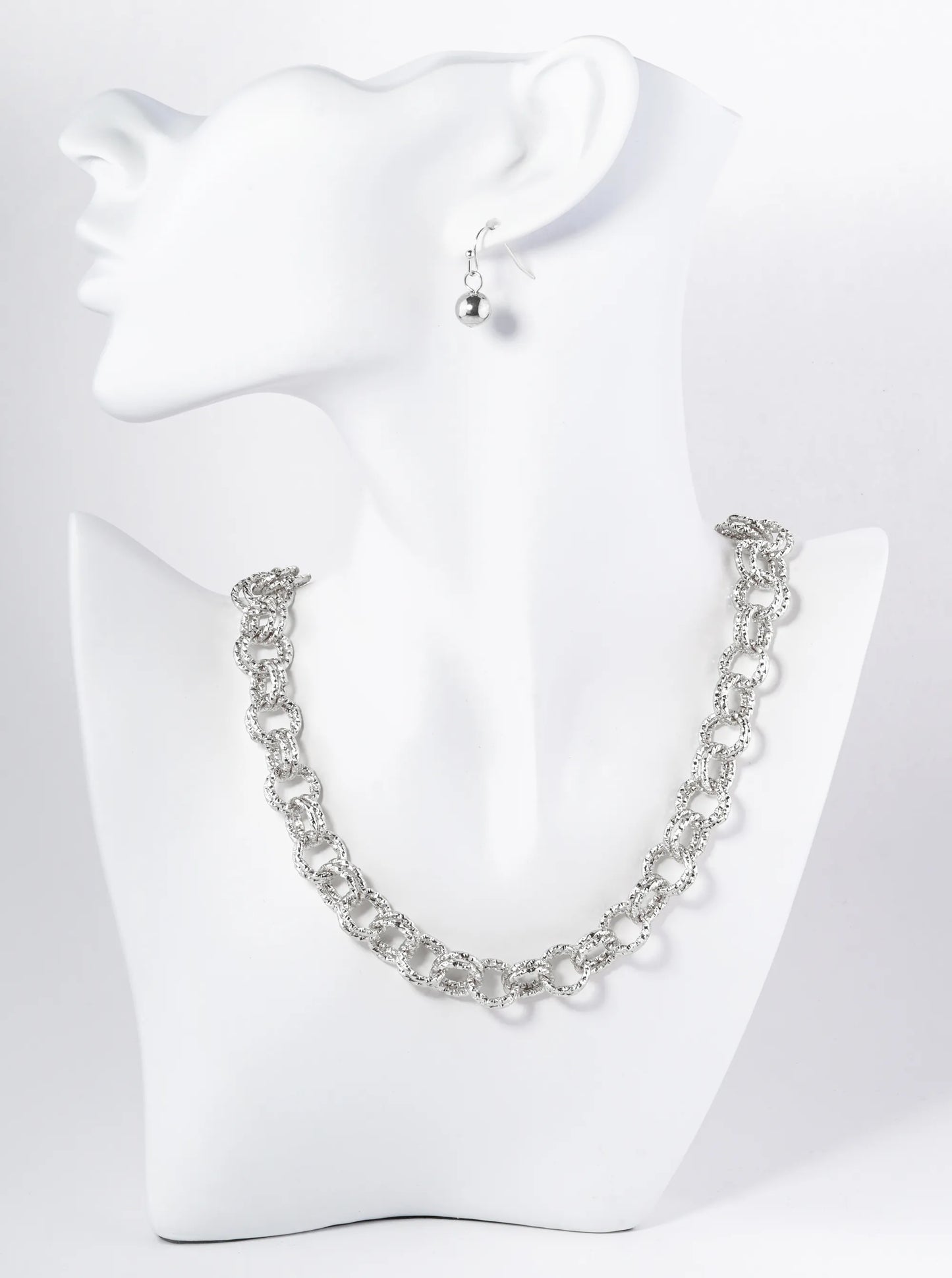 Textured Metal Chino Link Chain 16 Inch Necklace With Earrings Set