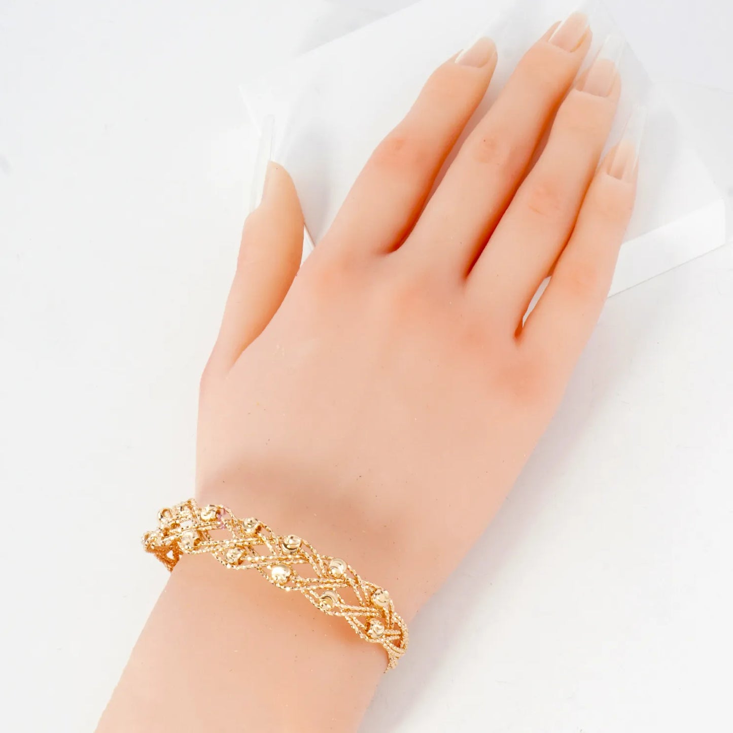 Textured Metal Crescent-Patterned Beads Interwoven Open Cuff Bracelet