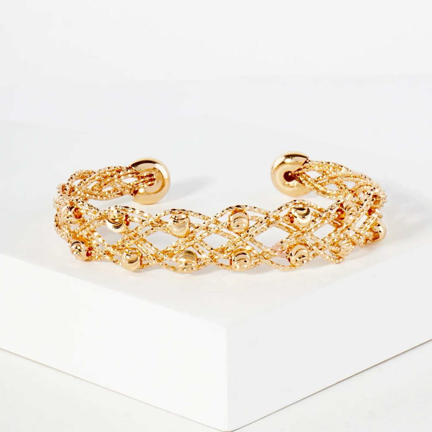 Textured Metal Crescent-Patterned Beads Interwoven Open Cuff Bracelet