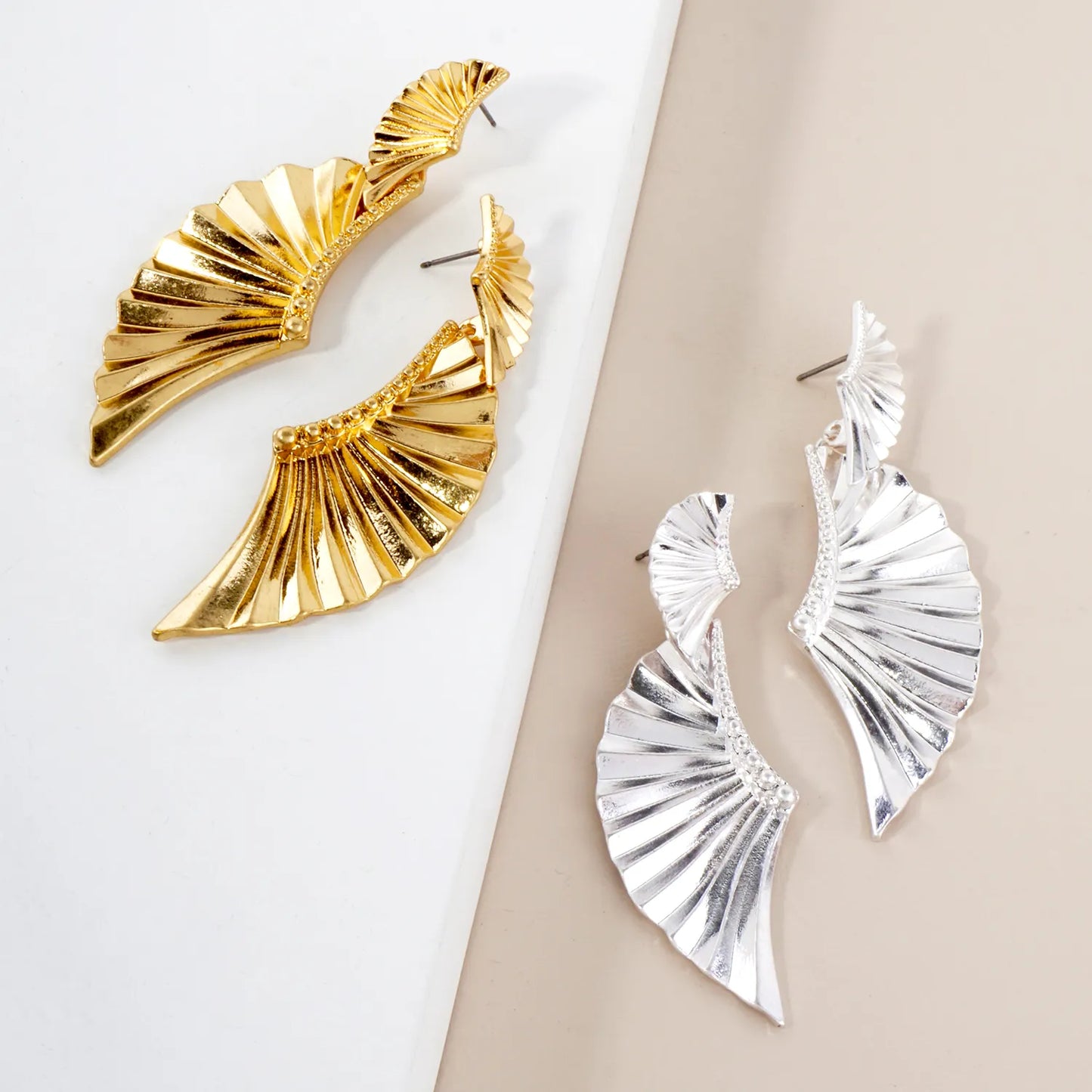 Textured Metal Double Angel-Wing Statement Earrings With-Titanium-Post