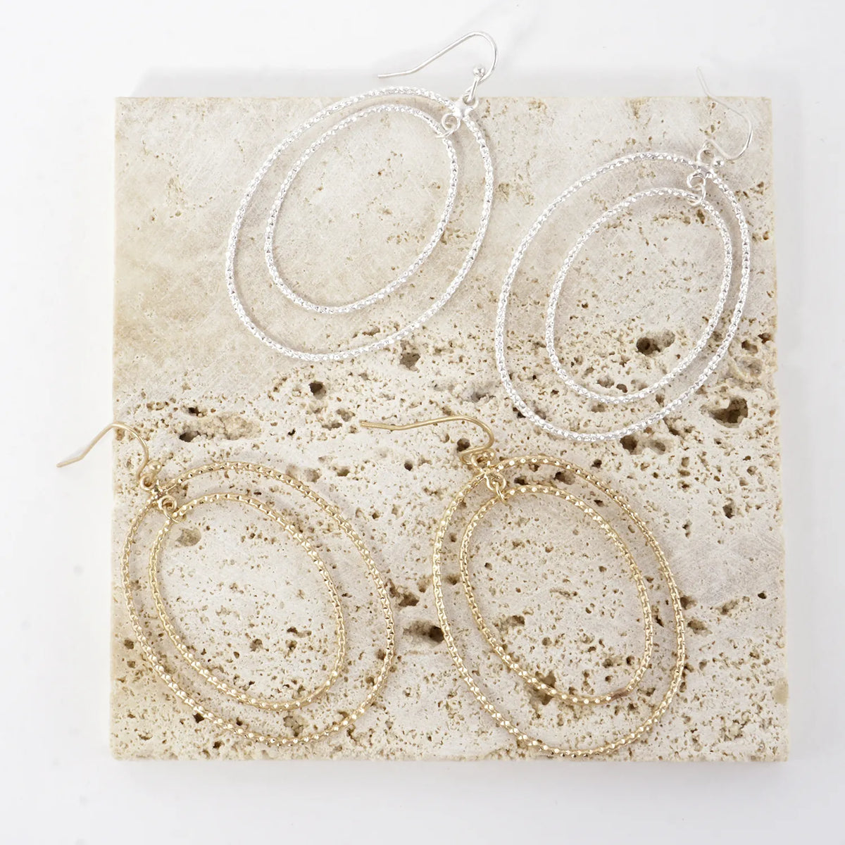 Textured Metal Double Oval Dangle Earrings