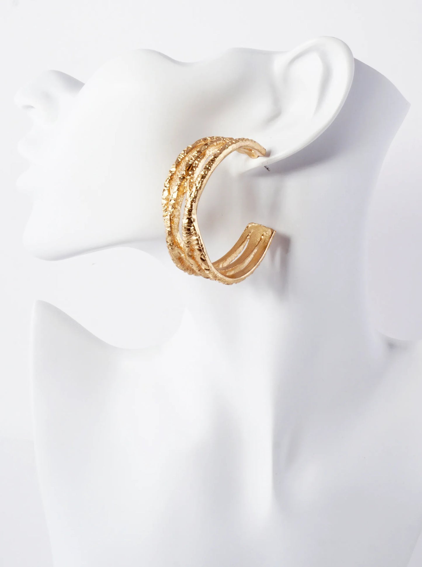 Textured Metal Double X Design 45mm Chunky Hoop Earrings With-Titanium-Post