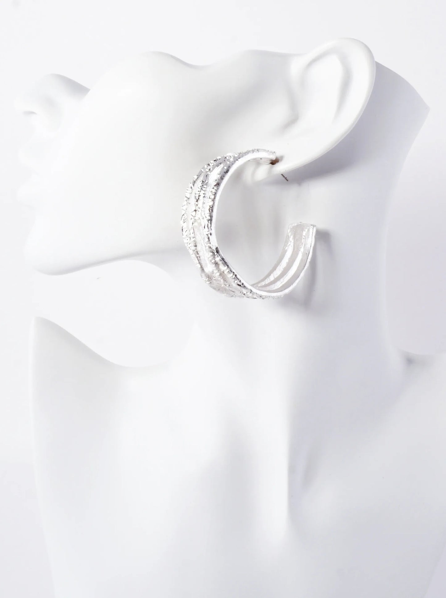 Textured Metal Double X Design 45mm Chunky Hoop Earrings With-Titanium-Post