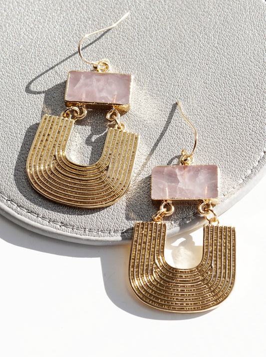 Textured Metal Drop Semi-Precious Natural Stone Dangle Earrings