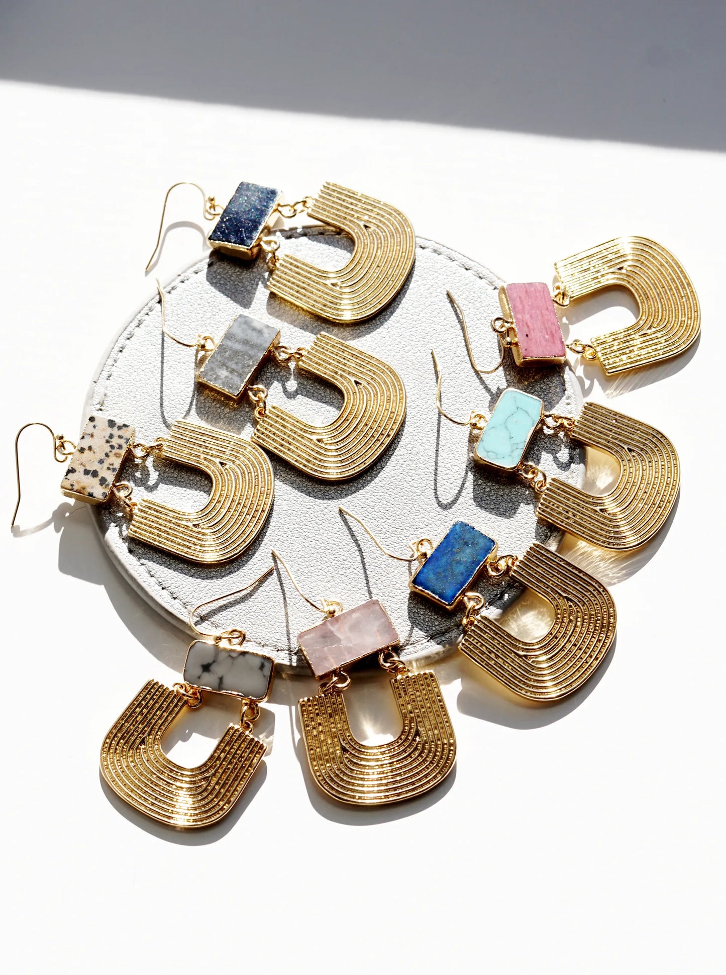 Textured Metal Drop Semi-Precious Natural Stone Dangle Earrings