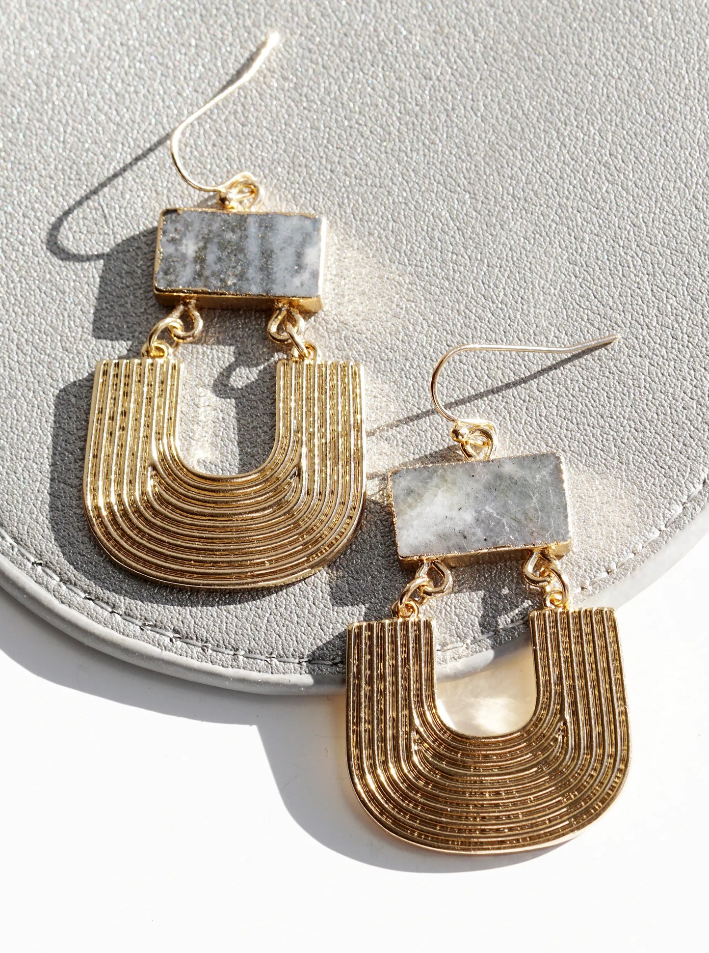 Textured Metal Drop Semi-Precious Natural Stone Dangle Earrings