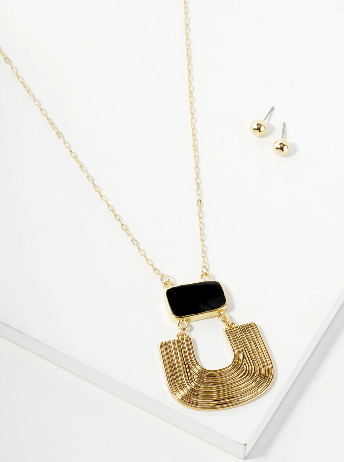 Textured Metal Drop Semi-Precious Natural Stone Pendant Long Necklace Set With Earrings