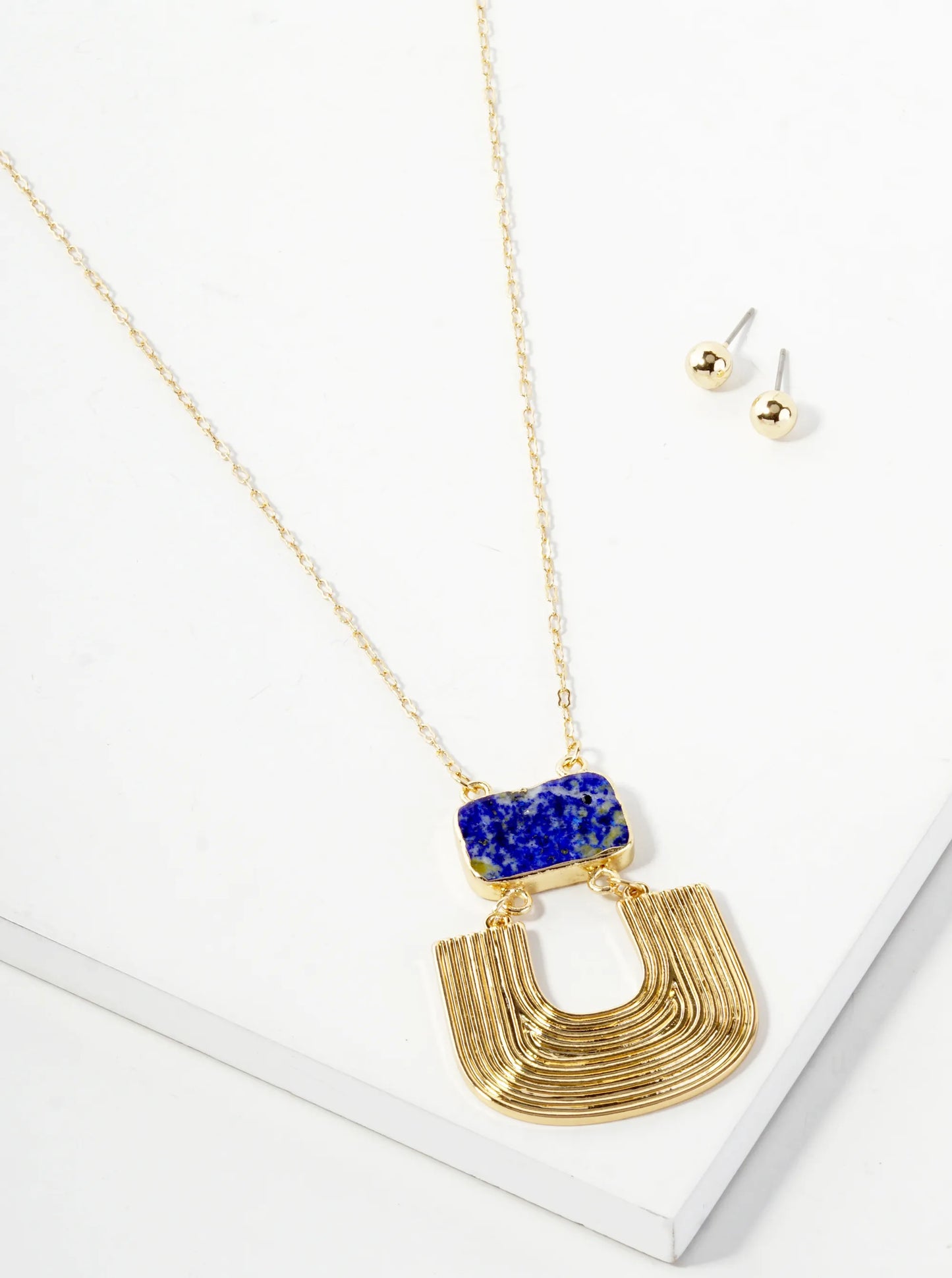 Textured Metal Drop Semi-Precious Natural Stone Pendant Long Necklace Set With Earrings