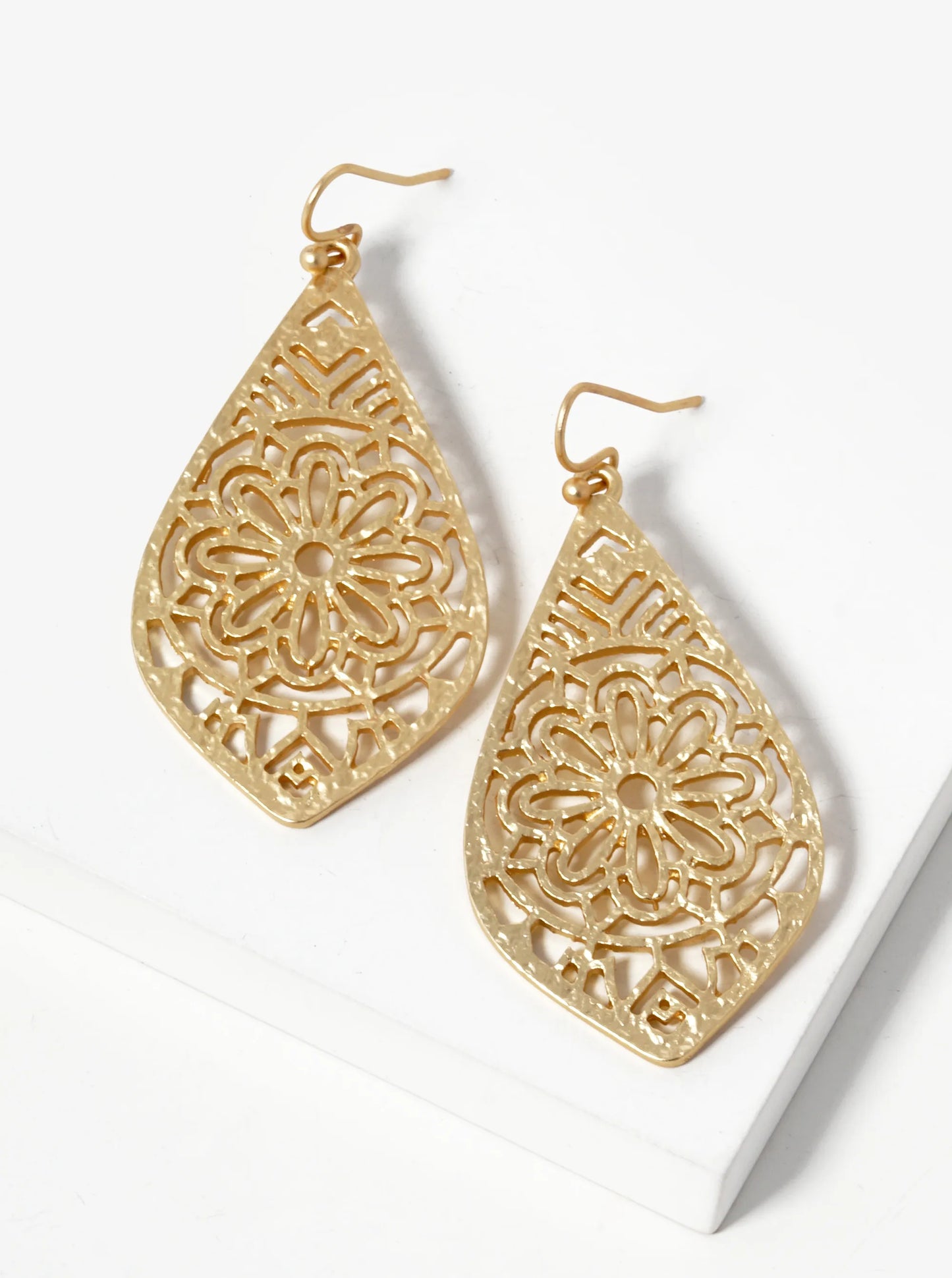 Textured Metal Filigree Dangle Drop Earrings