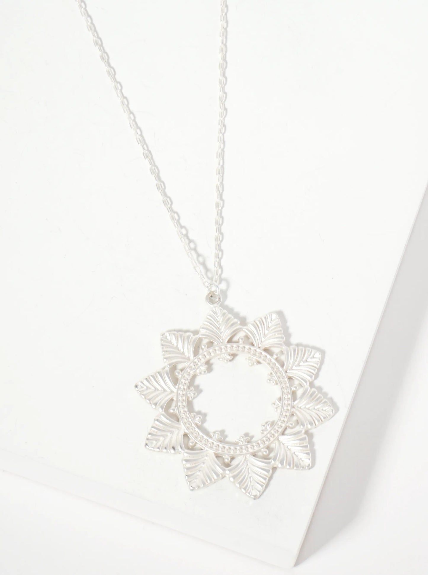 Textured Metal Flower-Shaped Pendant 30-inch Long Necklace
