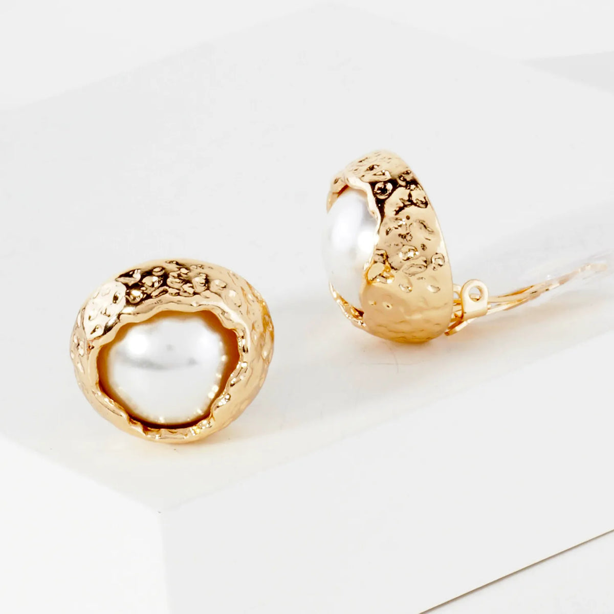 Textured Metal Framed Pearl Clip-On Earrings