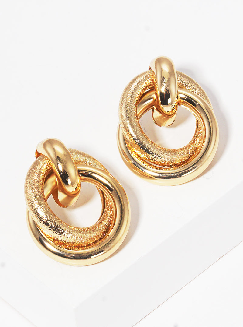 Textured Metal Interlocking Ring Door Knocker Post Earrings