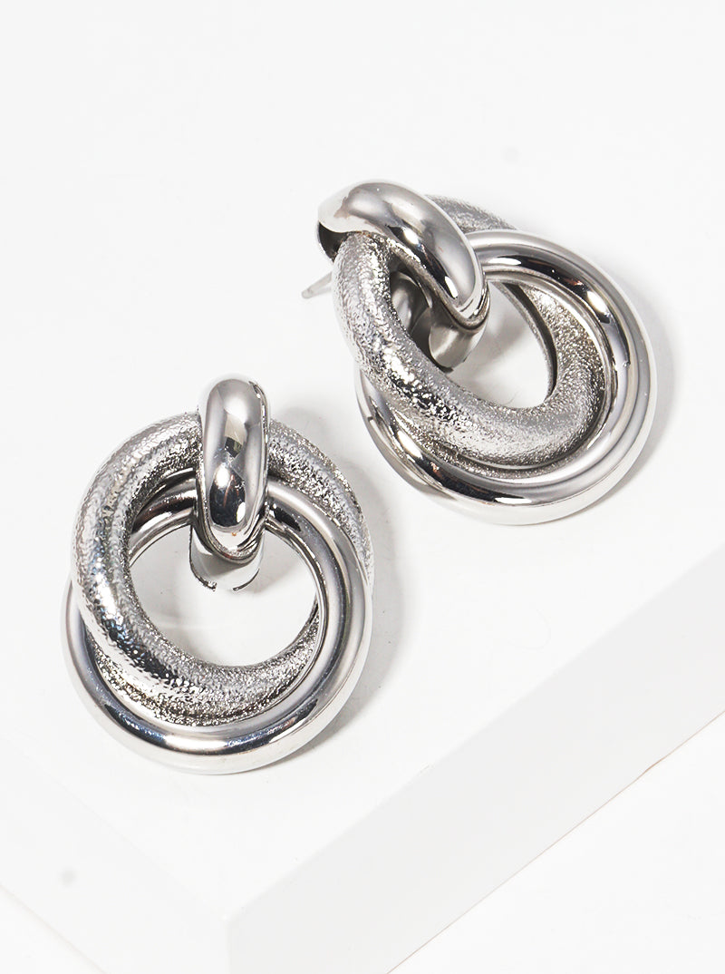 Textured Metal Interlocking Ring Door Knocker Post Earrings