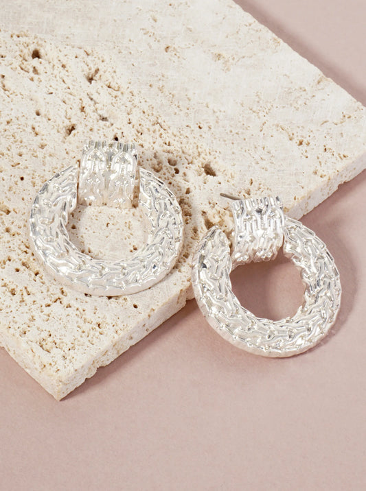 Textured Metal Round Doorknocker Design Earrings With-Titanium-Post