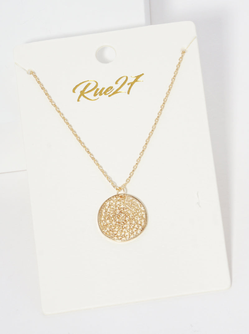 Textured Metal Round Filigree Pendant Dainty Necklace