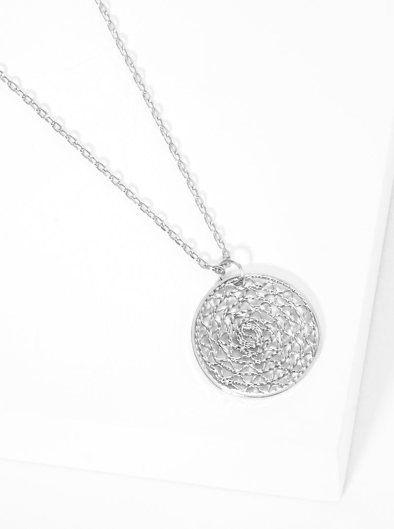Textured Metal Round Filigree Pendant Dainty Necklace Rhodium