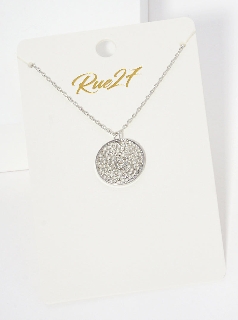Textured Metal Round Filigree Pendant Dainty Necklace