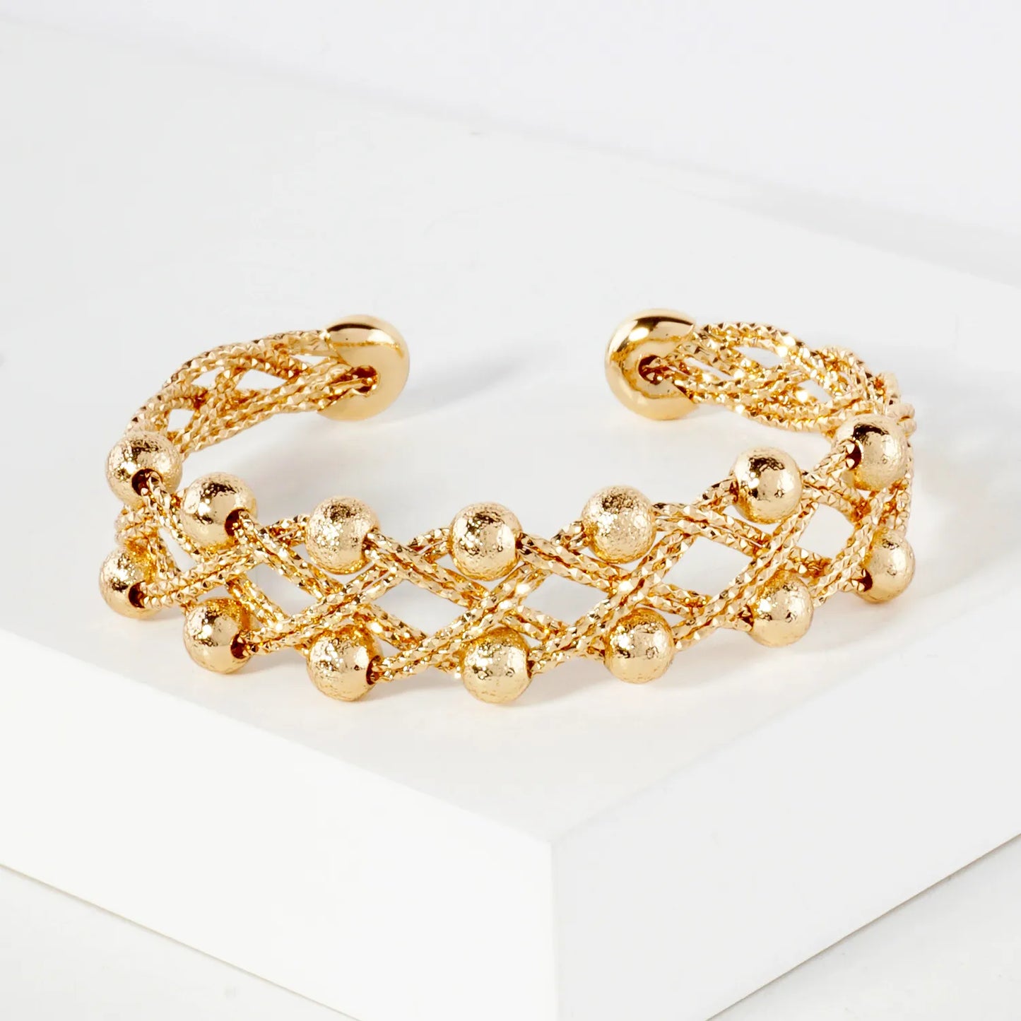 Textured Metal Spheres Interwoven Open Cuff Bracelet