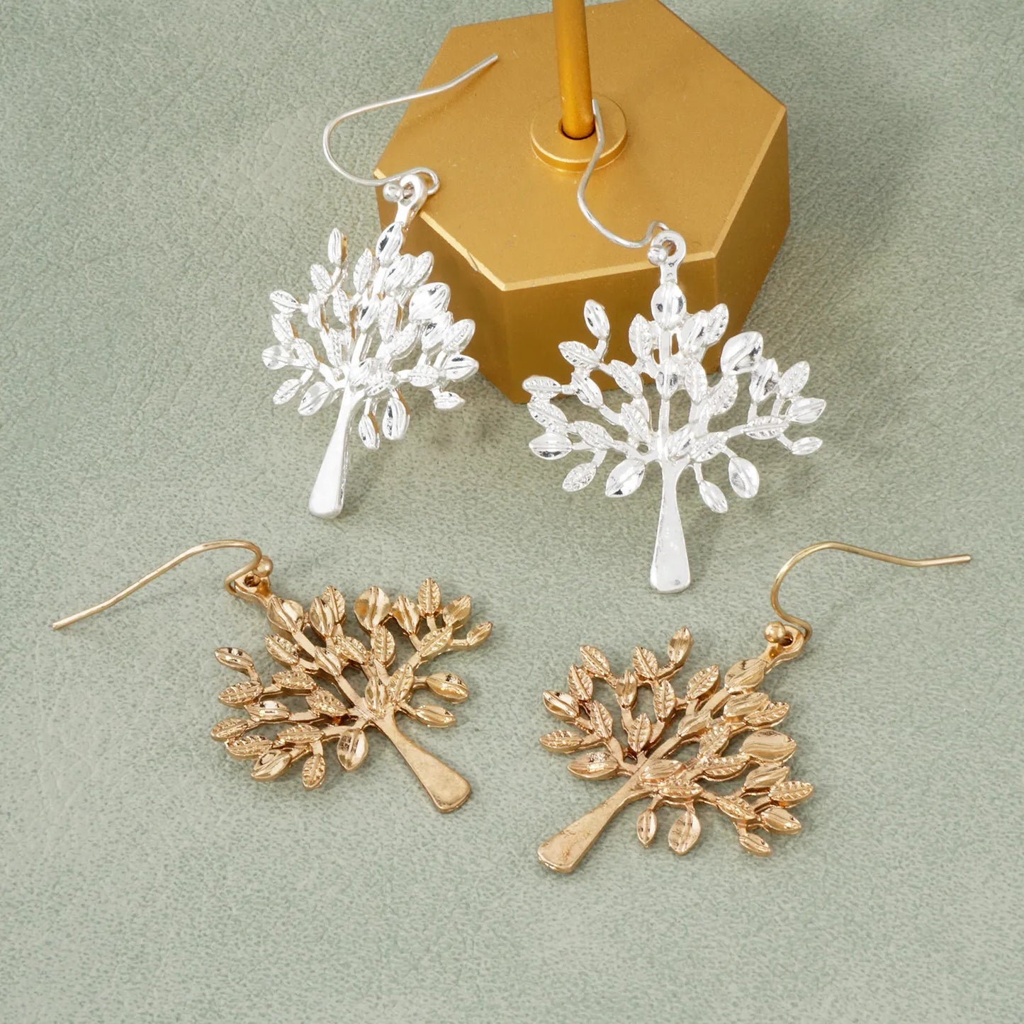Textured Metal Tree-of-Life Dangle Earrings