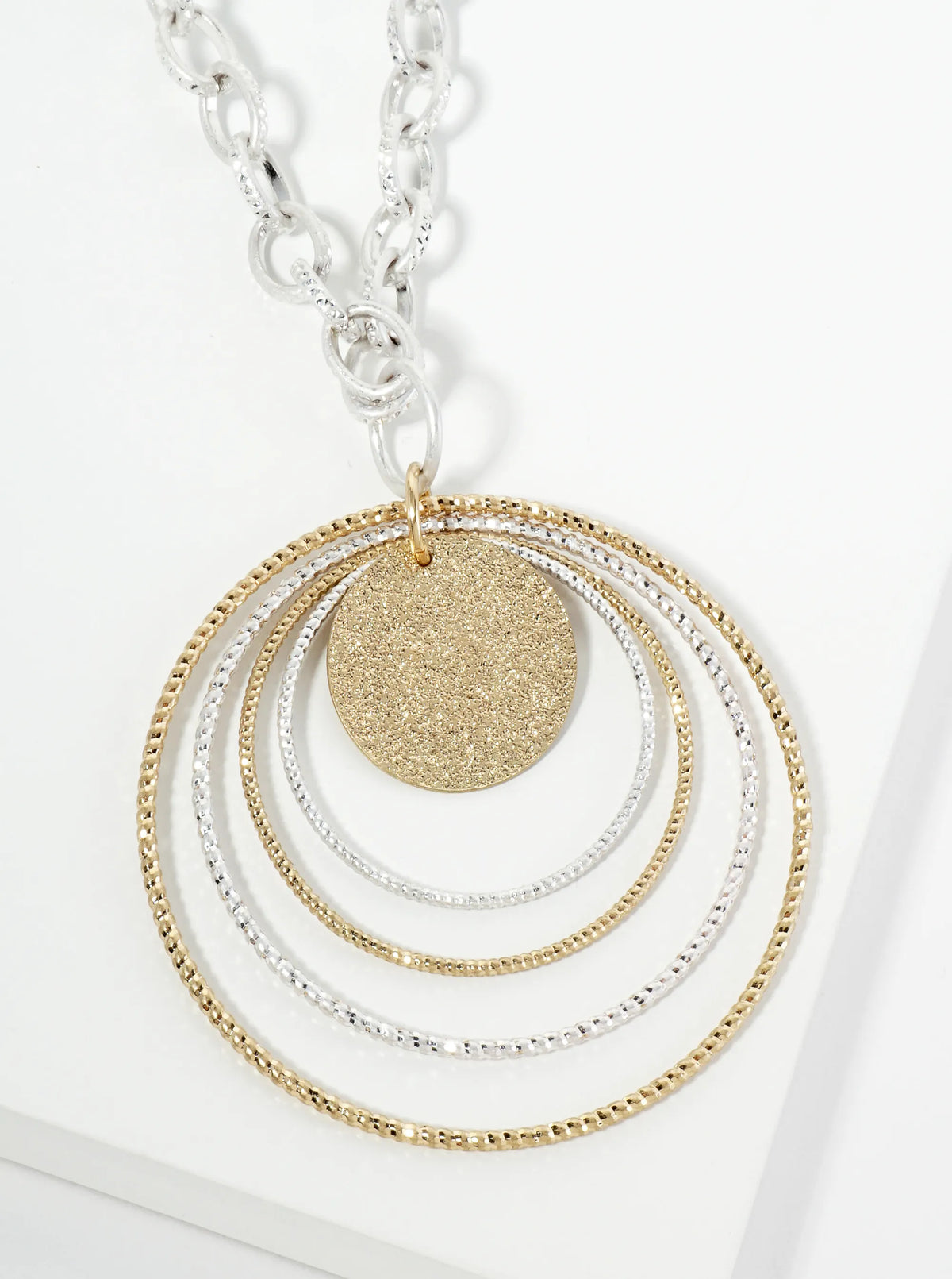 Textured Multi Circle Pendant 24 Inch Necklace
