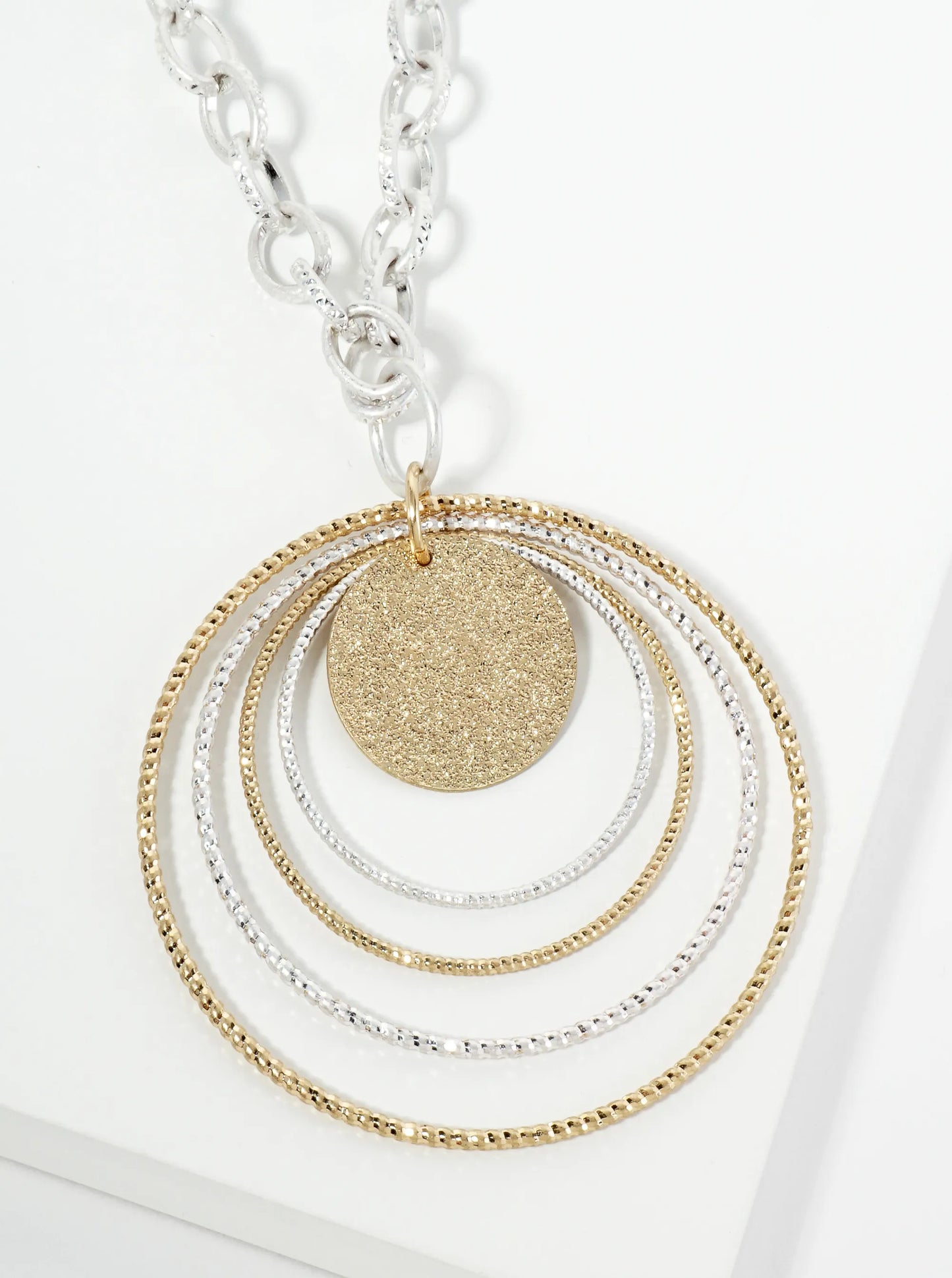 Textured Multi Circle Pendant 24 Inch Necklace
