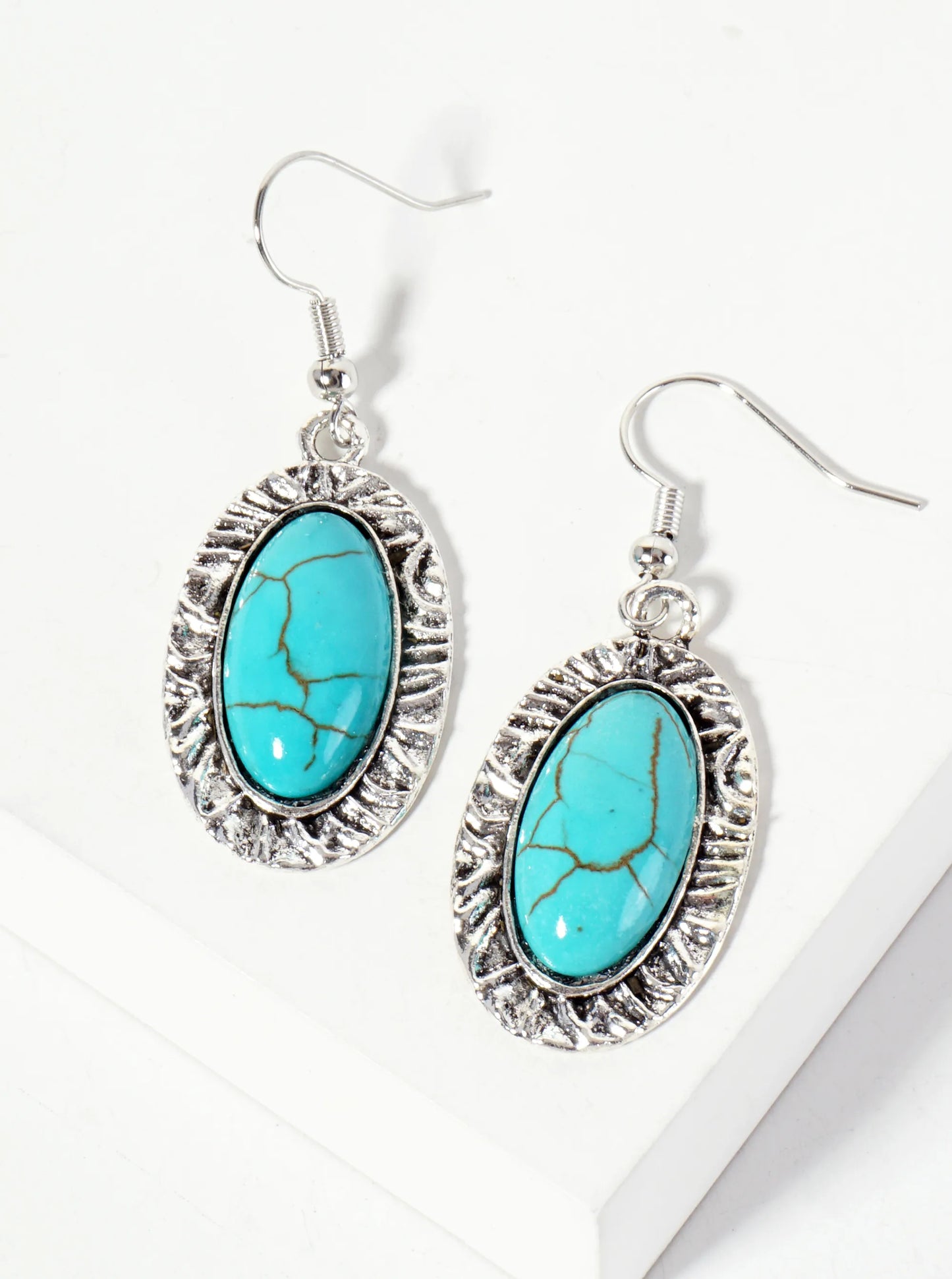 Textured Oval-Shaped Semi-Precious Natural-Stone Dangle Drop Earrings
