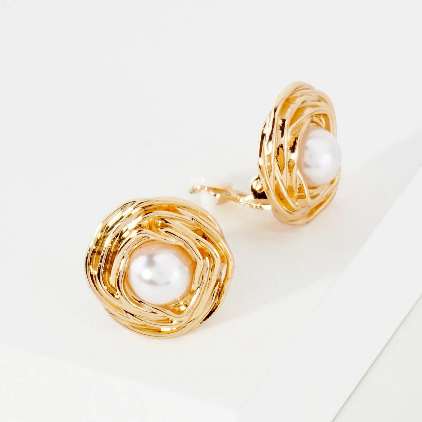 Textured Polished Metal Round Pearl Clip-On Earrings