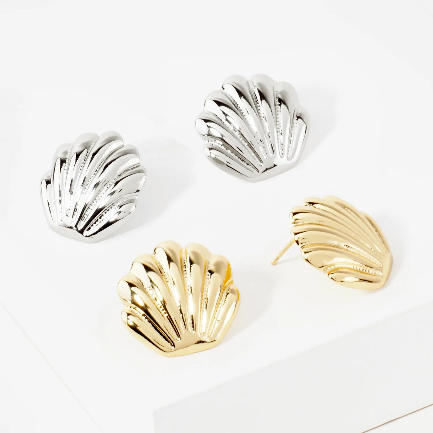Textured Polished Seashell Design 14K-Gold-Dipped Brass Sea-Life Stud Earrings