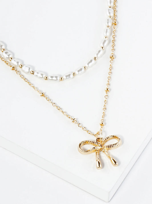 Textured Ribbon Bow Pendant Pearl Beaded Layered Necklace