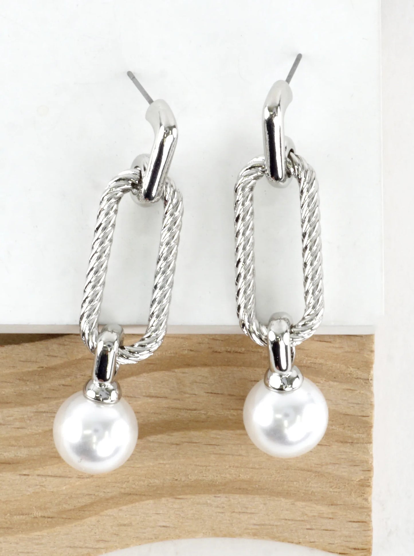 Textured Rope Link Pearl Drop Dangle Earrings