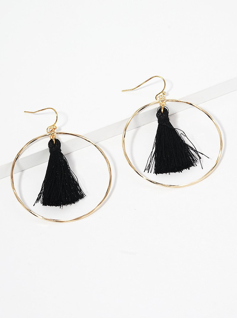 Textured Round Wire With Thread Tassel Dangle Drop Earrings