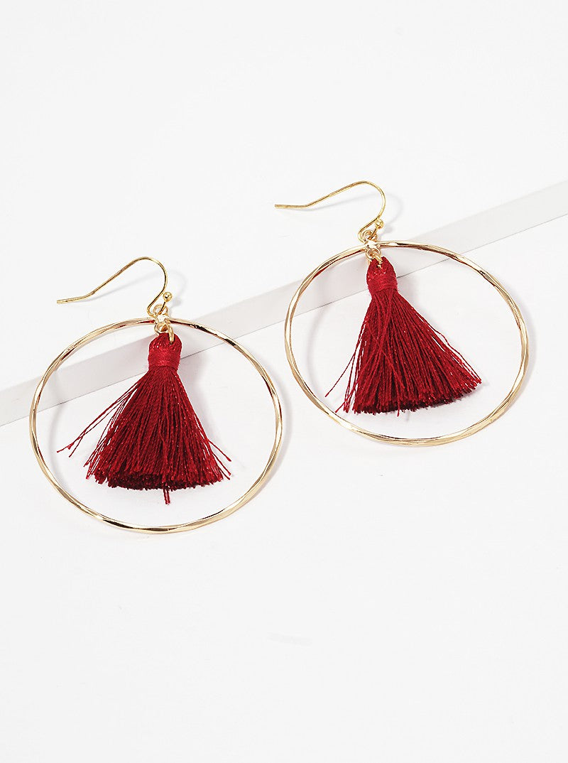 Textured Round Wire With Thread Tassel Dangle Drop Earrings