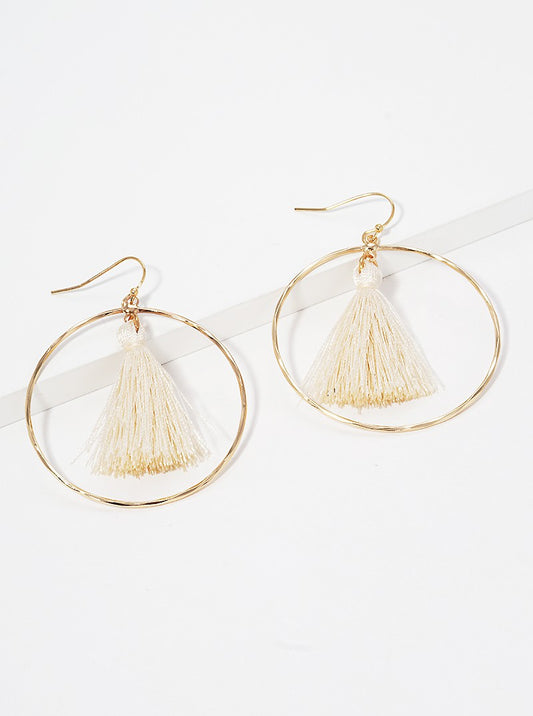 Textured Round Wire With Thread Tassel Dangle Drop Earrings