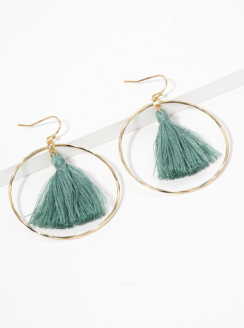 Textured Round Wire With Thread Tassel Dangle Drop Earrings