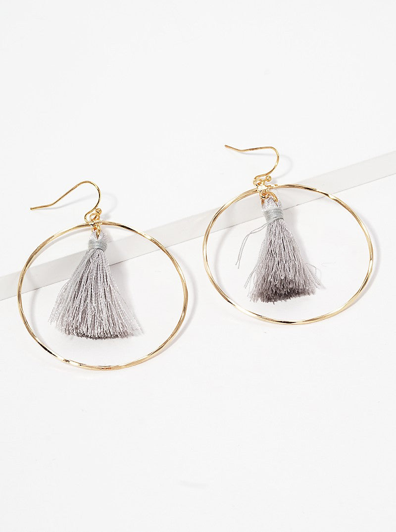 Textured Round Wire With Thread Tassel Dangle Drop Earrings