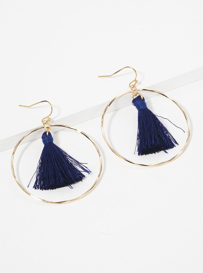 Textured Round Wire With Thread Tassel Dangle Drop Earrings