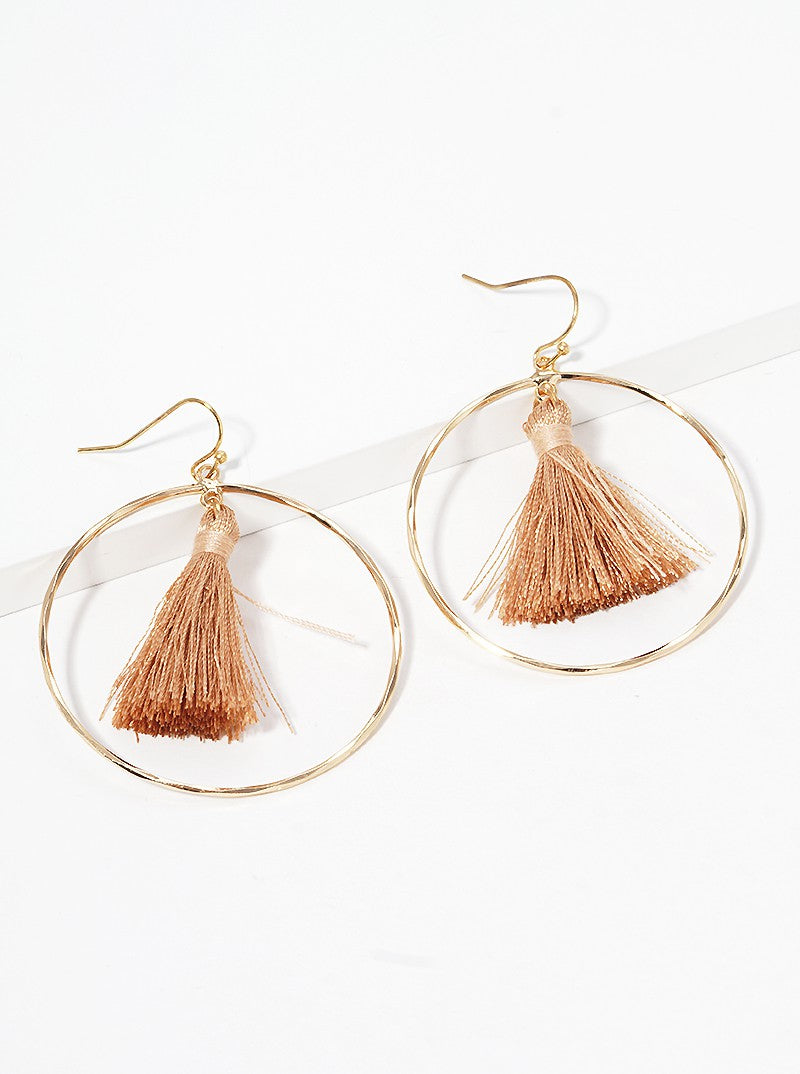 Textured Round Wire With Thread Tassel Dangle Drop Earrings