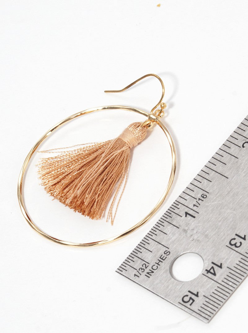 Textured Round Wire With Thread Tassel Dangle Drop Earrings
