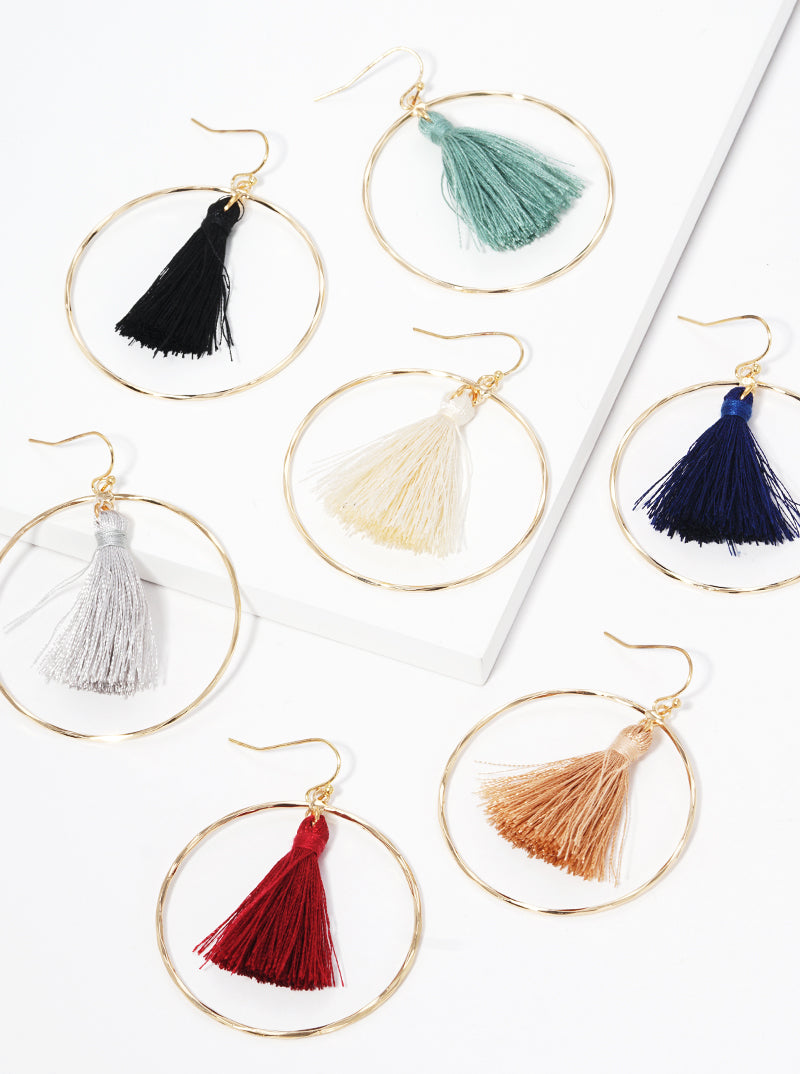 Textured Round Wire With Thread Tassel Dangle Drop Earrings